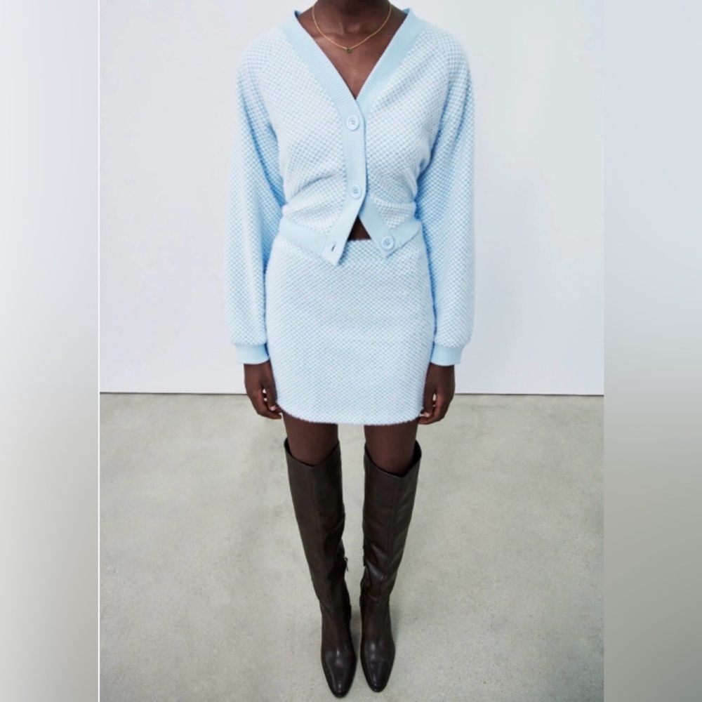 Zara Light Blue and White Checkered Knit Set
